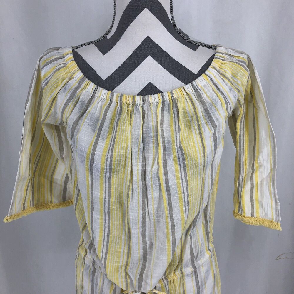 Blue Island Beach Cover-up Tunic Tie Front Yellow Striped Boho Shirt 4868 Medium